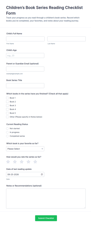 Children’s Book Series Reading Checklist Form Template