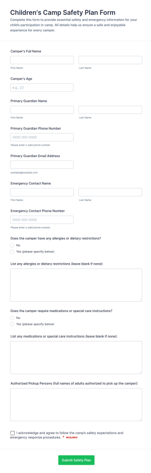 Children's Camp Safety Plan Form Template