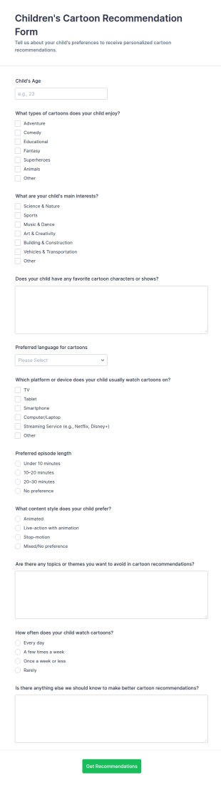Children's Cartoon Recommendation Form Template