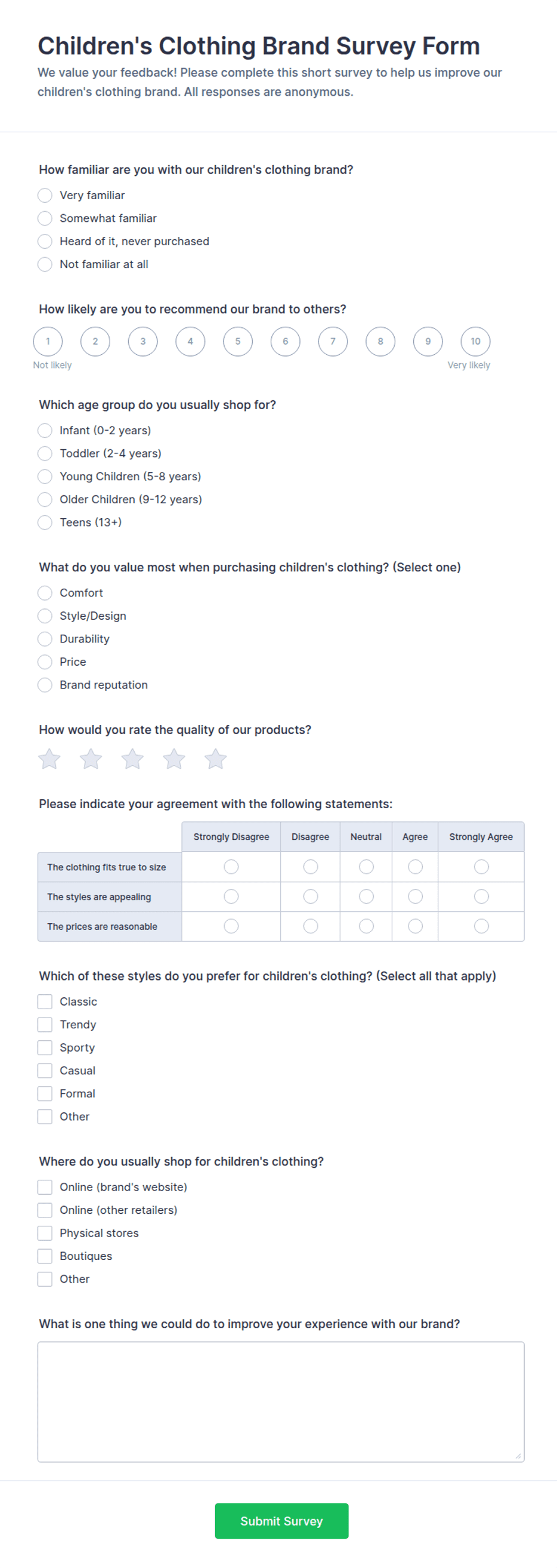 Children's Clothing Brand Survey Form Template | Jotform