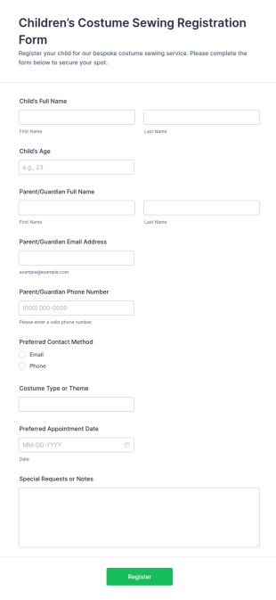 Children’s Costume Sewing Registration Form Template