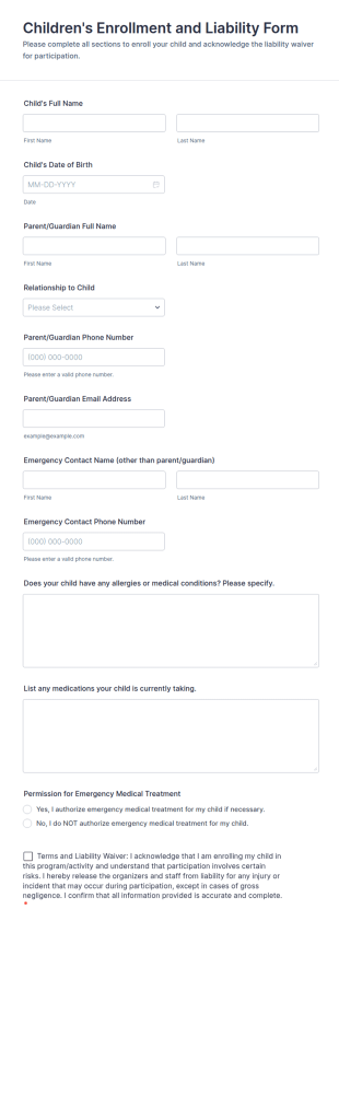 Children's Enrollment And Liability Form Template