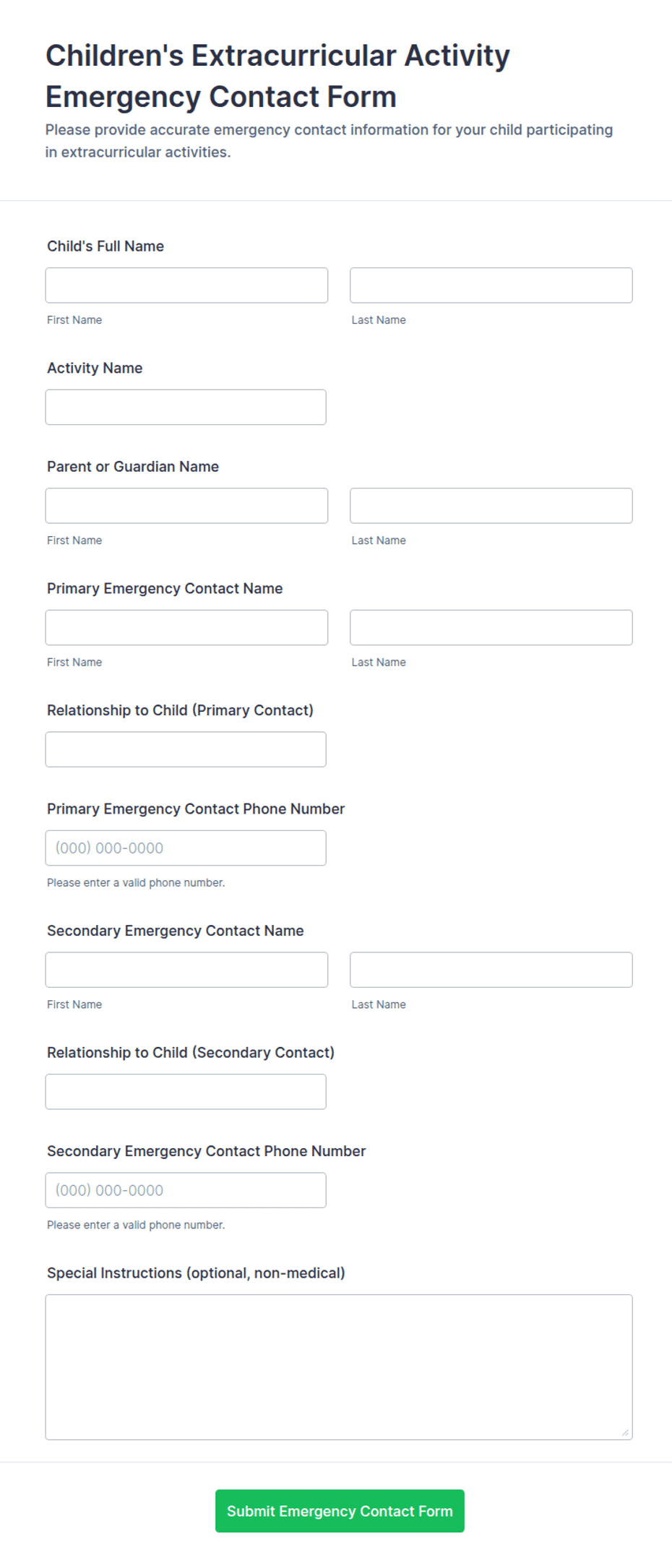 Children's Extracurricular Activity Emergency Contact Form Template ...