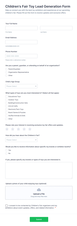 Children's Fair Toy Lead Generation Form Template