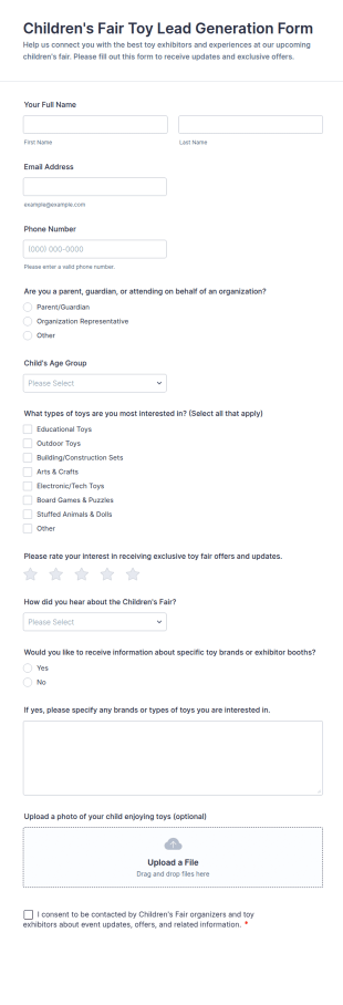 Children’s Fair Toy Lead Generation Form Template