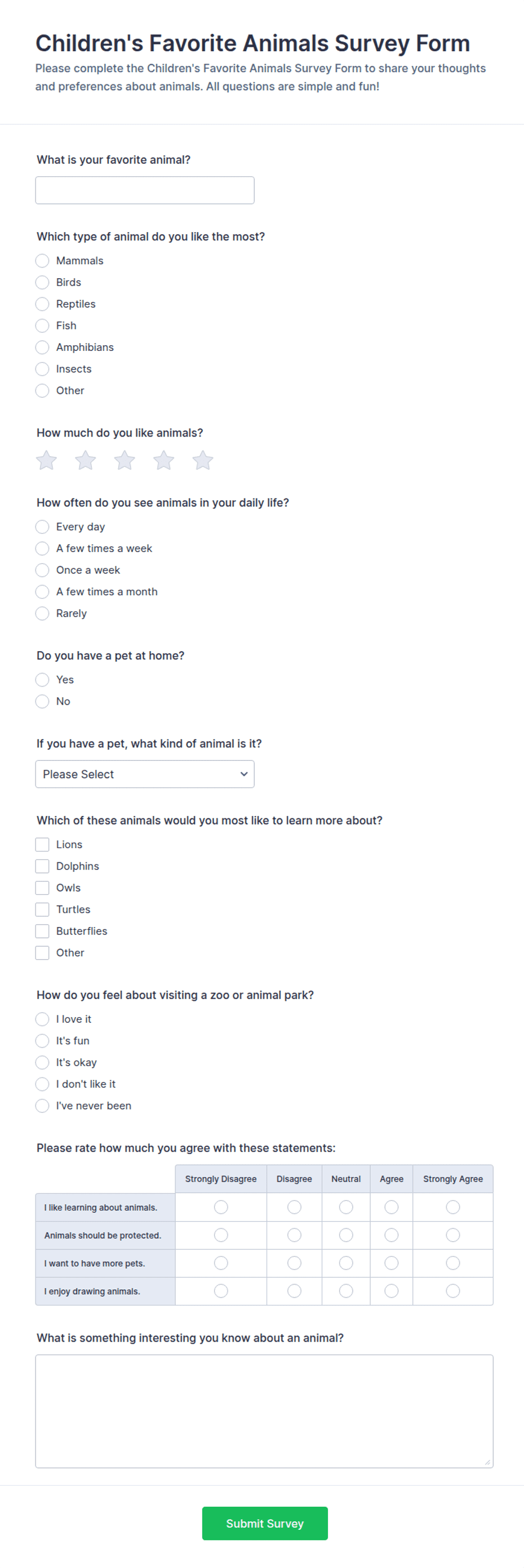 Children's Favorite Animals Survey Form Template | Jotform