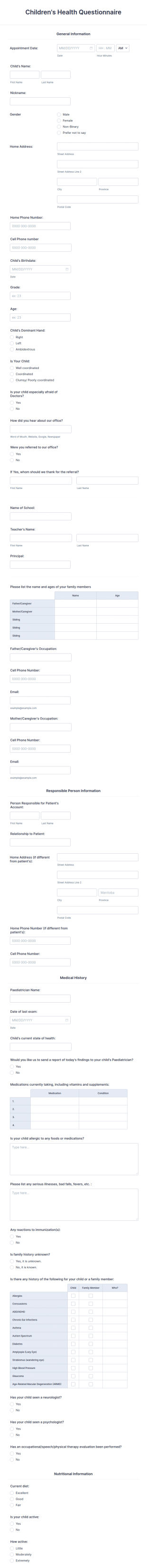 Children's Health Questionnaire Form Template
