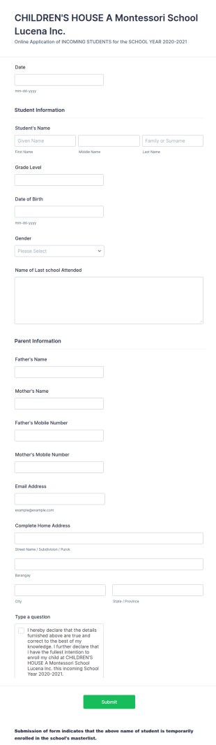 Montessori School Application Form Template