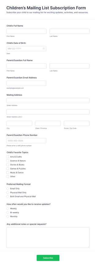 Children’s Mailing List Subscription Form Template