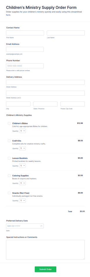 Children's Ministry Supply Order Form Template