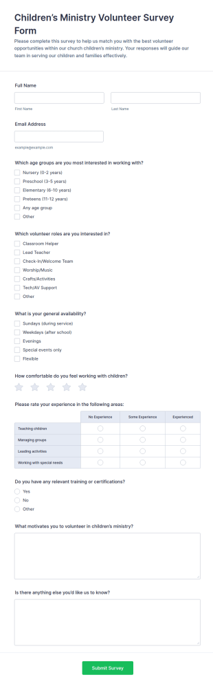 Children’s Ministry Volunteer Survey Form Template