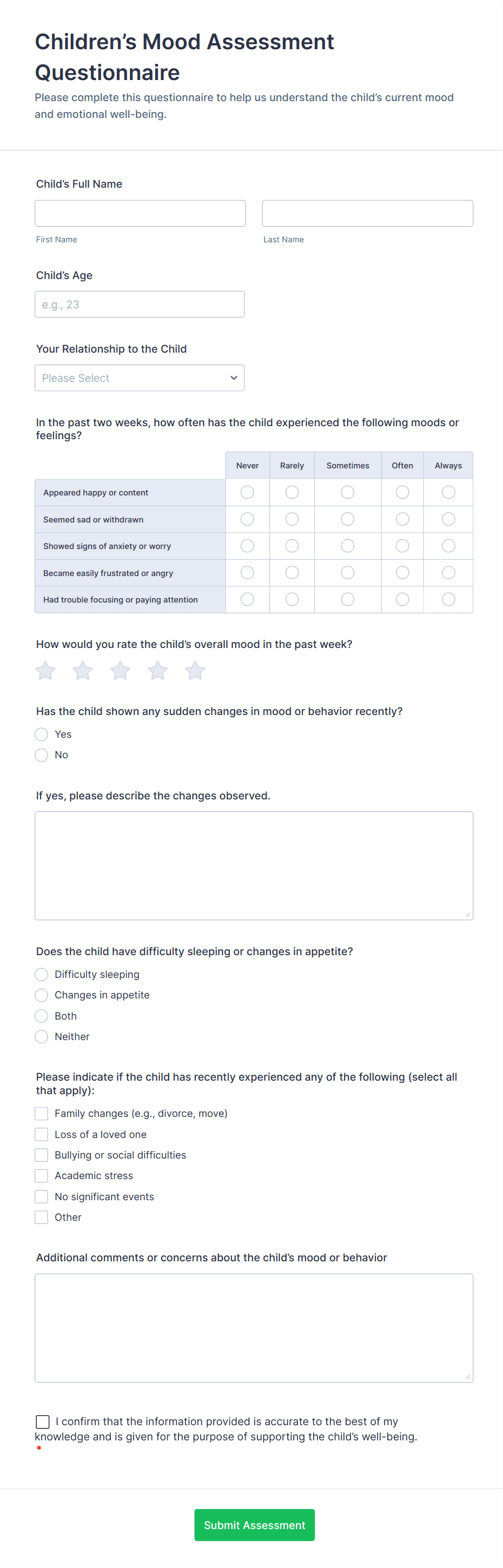 Children’s Mood Assessment Questionnaire Form Template | Jotform