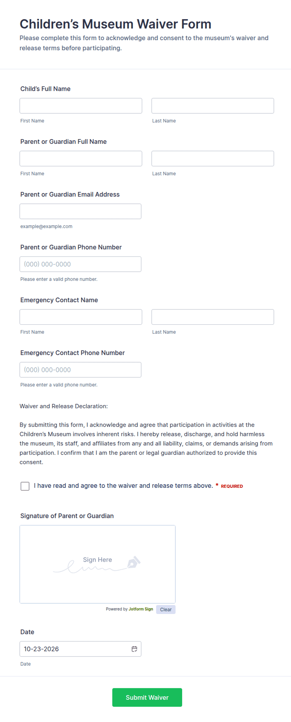 Children’s Museum Waiver Form Template | Jotform