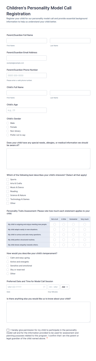 Children's Personality Model Call Registration Form Template