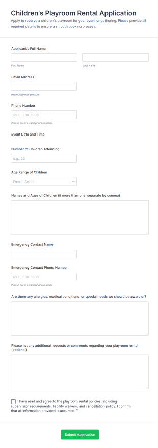 Children's Playroom Rental Application Form Template