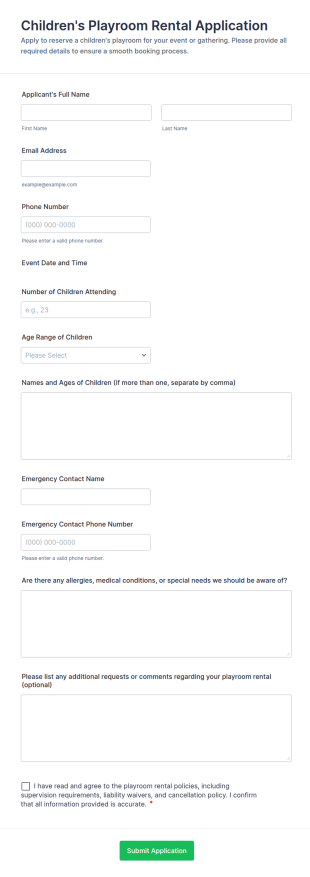 Children's Playroom Rental Application Form Template