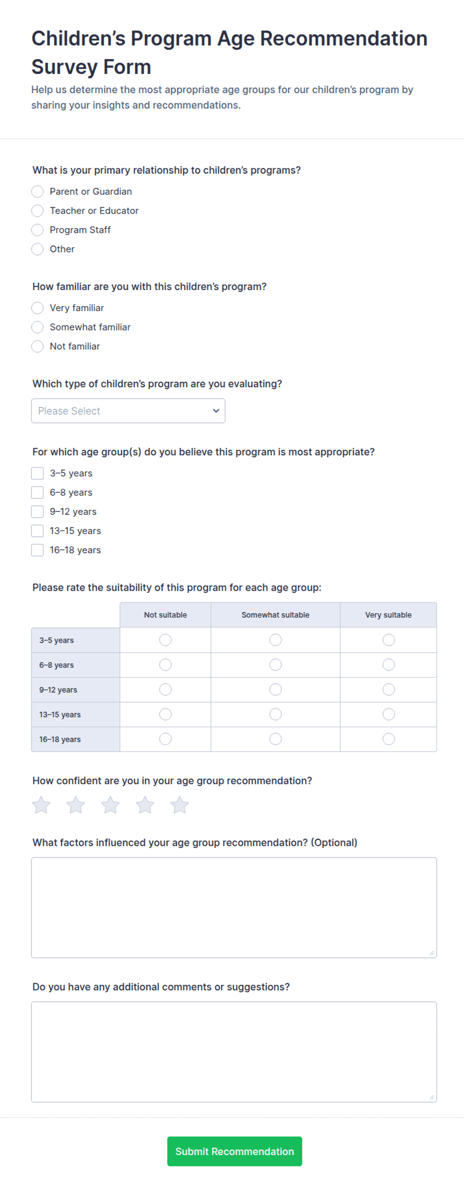 Children’s Program Age Recommendation Survey Form Template | Jotform