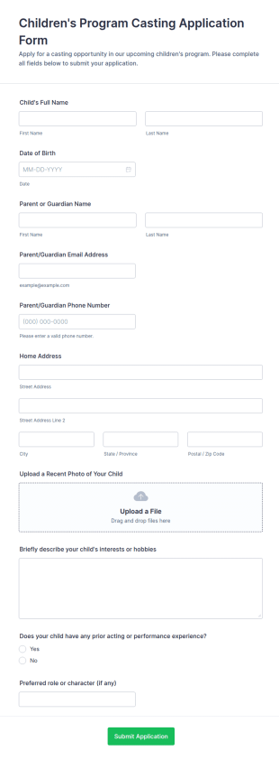Children's Program Casting Application Form Template