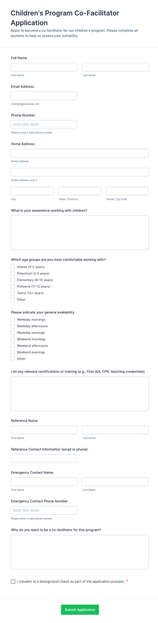 Children's Program Co Facilitator Application Form Template