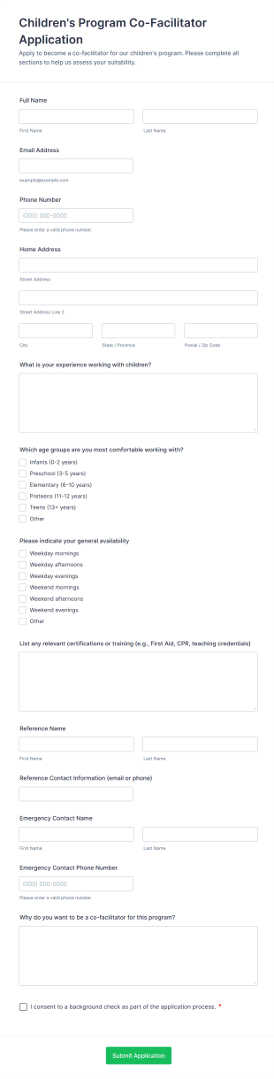 Children's Program Co Facilitator Application Form Template