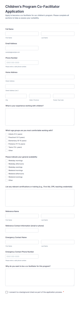 Children's Program Co Facilitator Application Form Template