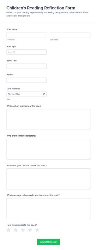 Children’s Reading Reflection Form Template