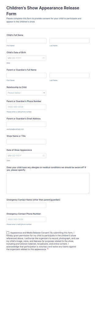 Children's Show Appearance Release Form Template