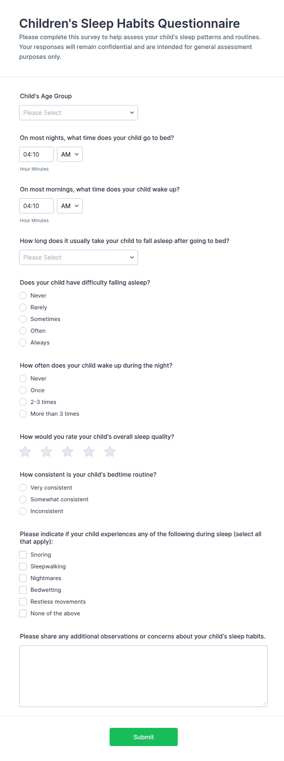 Children's Sleep Habits Questionnaire Form Template | Jotform
