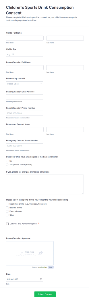 Children’s Sports Drink Consumption Consent Form Template
