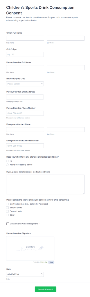 Children’s Sports Drink Consumption Consent Form Template