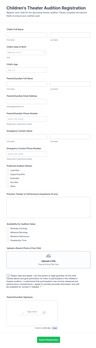 Children’s Theater Audition Registration Form Template