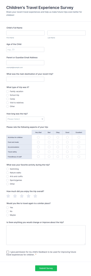 Children's Travel Experience Survey Form Template