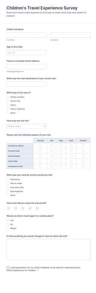Children's Travel Experience Survey Form Template