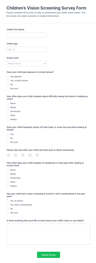 Children’s Vision Screening Survey Form Template