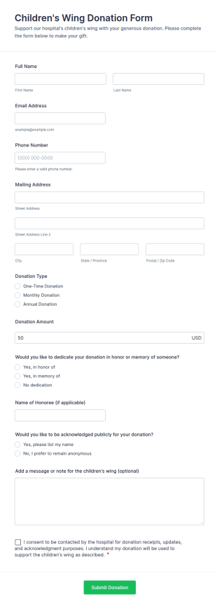 Children's Wing Donation Form Template