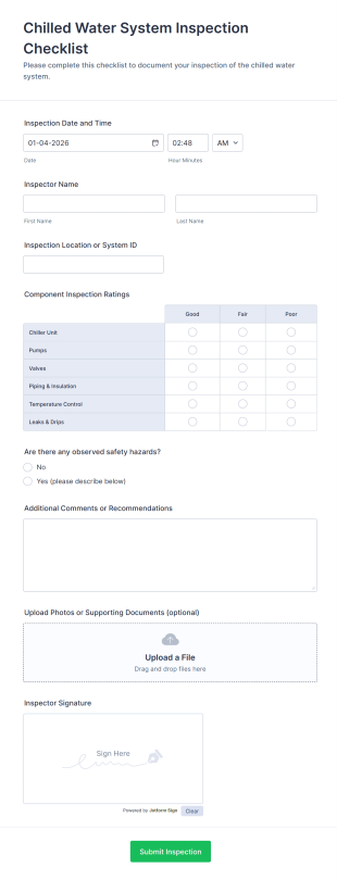 Chilled Water System Inspection Checklist Form Template