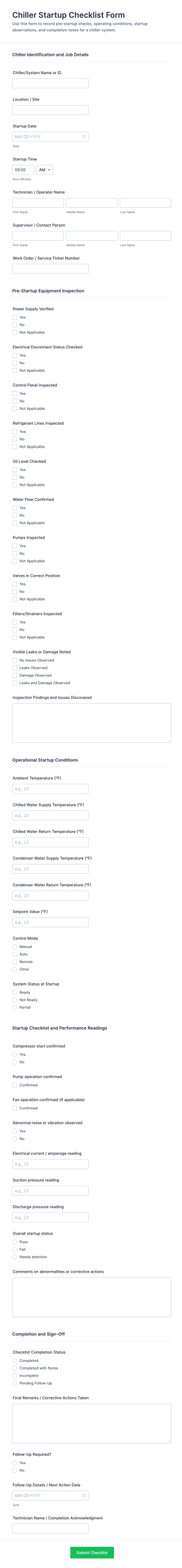 Chiller Startup Checklist Form Template