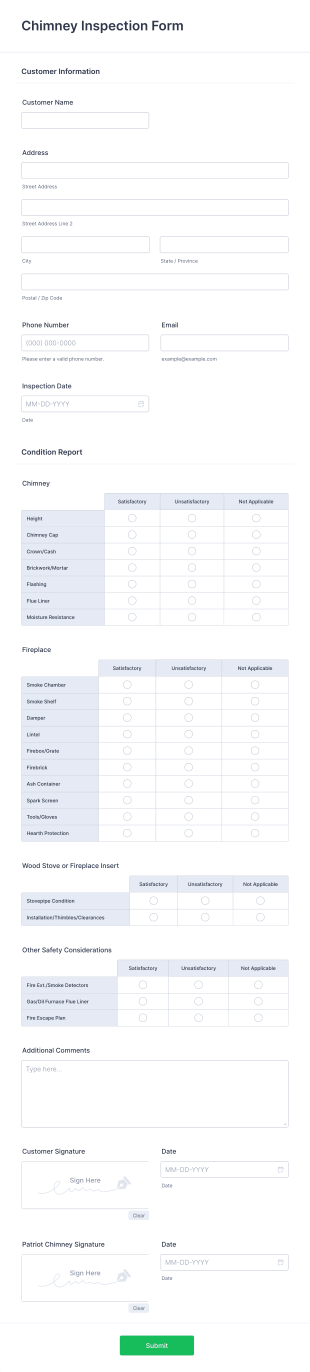 Chimney Inspection Form Form Template