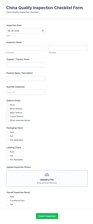 China Quality Inspection Checklist Form Template