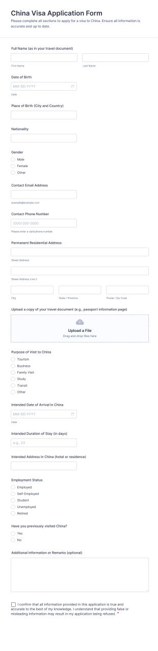 China Visa Application Form Template