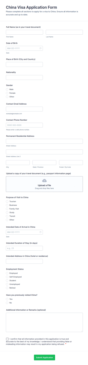 China Visa Application Form Template