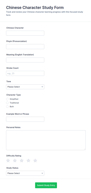 Chinese Character Study Form Template