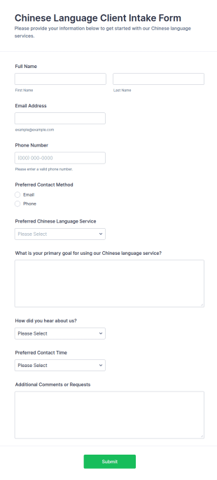 Chinese Language Client Intake Form Template