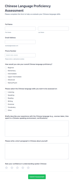 Chinese Language Proficiency Assessment Form Template