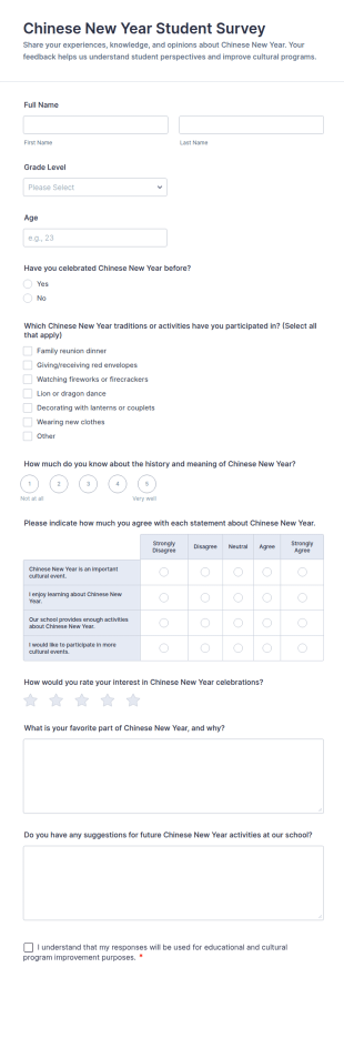 Chinese New Year Student Survey Form Template