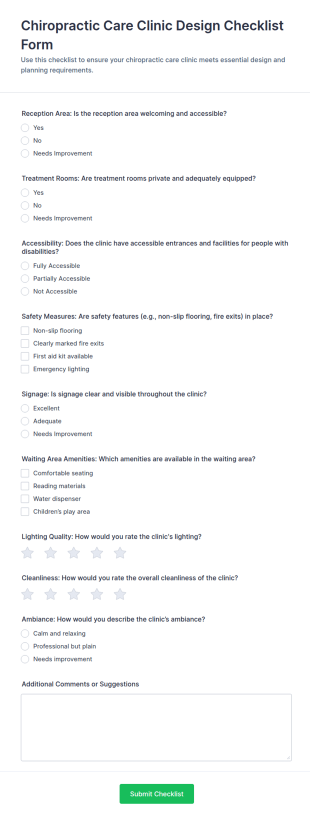 Chiropractic Care Clinic Design Checklist Form Template