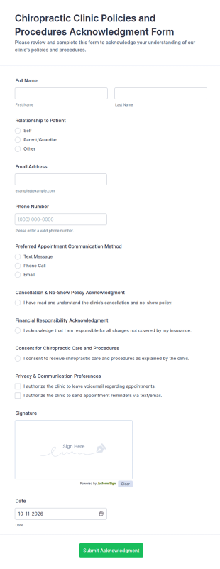 Chiropractic Clinic Policies And Procedures Acknowledgment Form Template