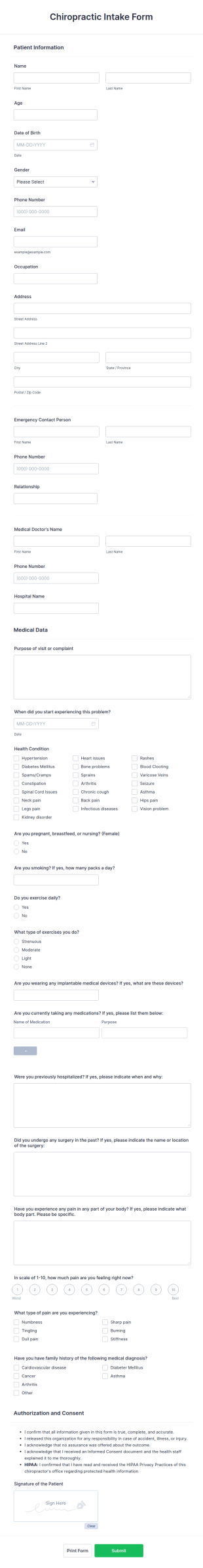 Chiropractic Intake Form Template