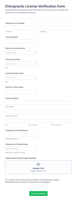 Chiropractic License Verification Form Template