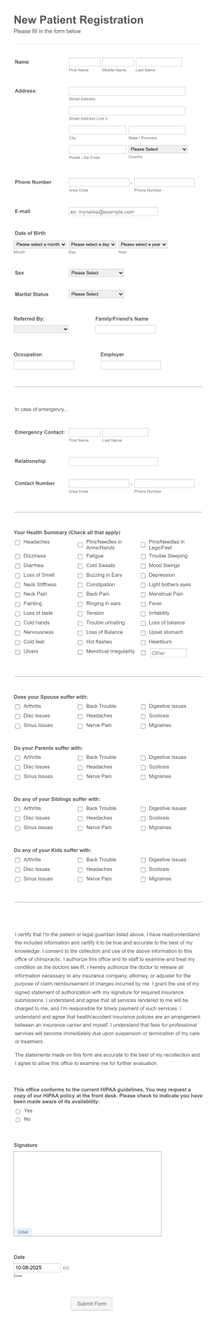 Chiropractic New Patient Registration Form Template